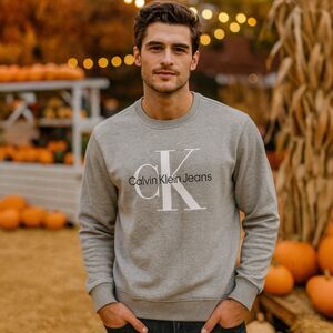 Calvin Klein Sweatshirt Mens XL Grey Long Sleeve Casual Crewneck Streetwear